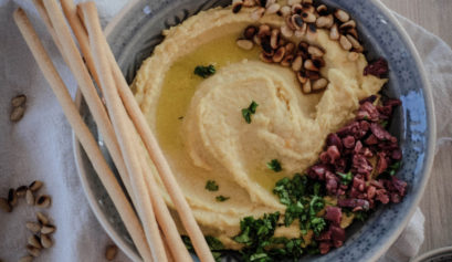 Rezept Hummus Pinienkerne Kichererbsen Oliven